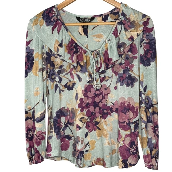 Lauren Ralph Lauren Black Label Shirt PS Women's Floral V Neck Tie Neck Blouse - Picture 2 of 9